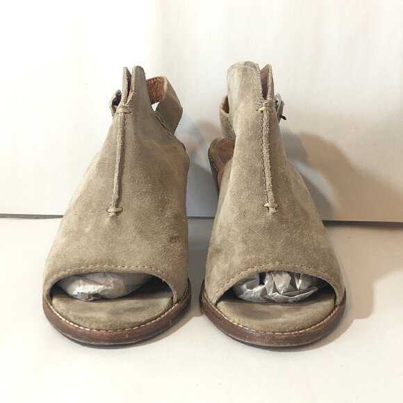 FRYE Ash Courtney Leather Mules Women's Size 6.5 Gray Tan Suede Peep Toe - Picture 3 of 12